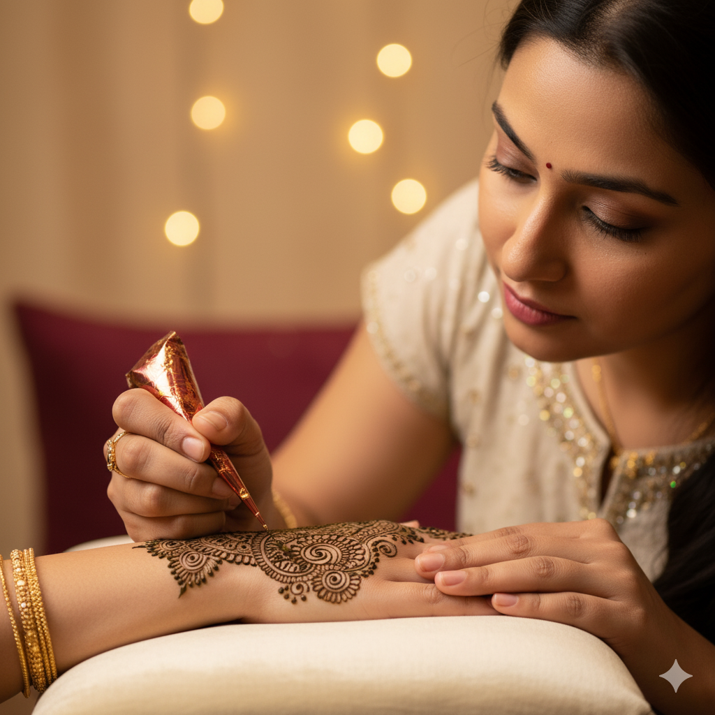 A professional applying intricate Rajasthani Mehndi design in Hyderabad